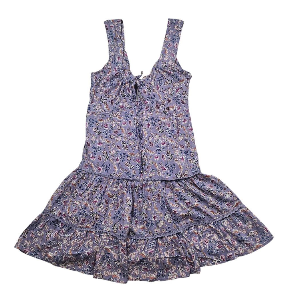 Angie Womens Floral Babydoll Mini Dress Large Purple Boho Tiered Open Back - Picture 8 of 8
